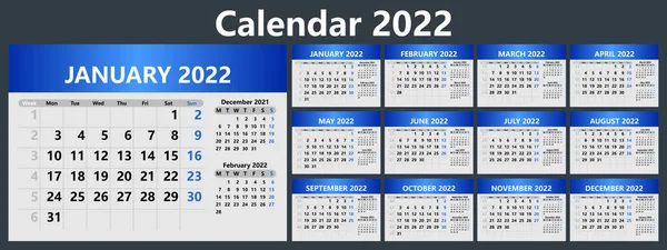 Calendario Planificación Para 2022 Con Números Semana Plantilla Para Calendario — Vector de stock