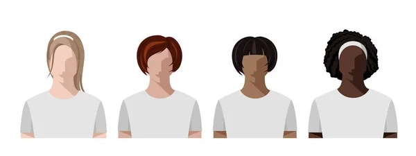 Mujeres Jóvenes Chicas Diferentes Razas Colores Piel Pelo Camisetas Blancas — Vector de stock