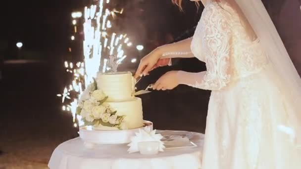Vágd fel az esküvői tortát. A menyasszony és a vőlegény felvágták az esküvői tortát. Esküvői torta csillagszórókkal. Az esküvői torta felvágásának részletei friss házasok által. — Stock videók
