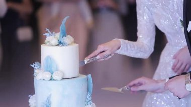 Düğün pastasını kes. Gelin ve damat düğün pastasını kesti. Yeni evlilerin kestiği düğün pastasının ayrıntıları