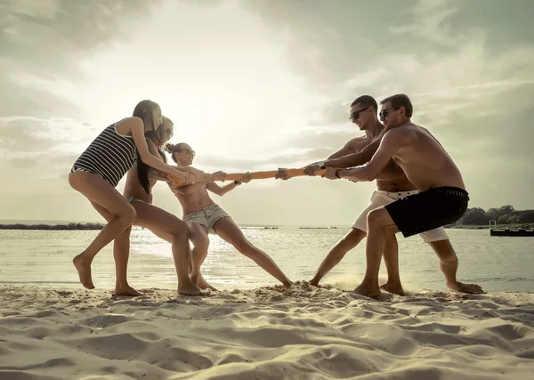 Friends Funny Tug War Beach Sunset Sunlight — Stock Photo, Image