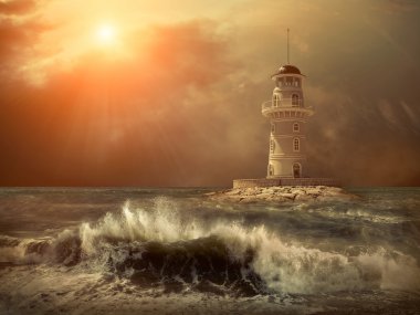 Deniz gökyüzü altında deniz feneri