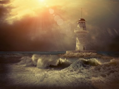 Deniz gökyüzü altında deniz feneri