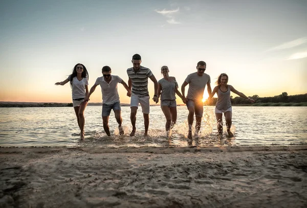 Silueta Grupo Jóvenes Playa —  Fotos de Stock