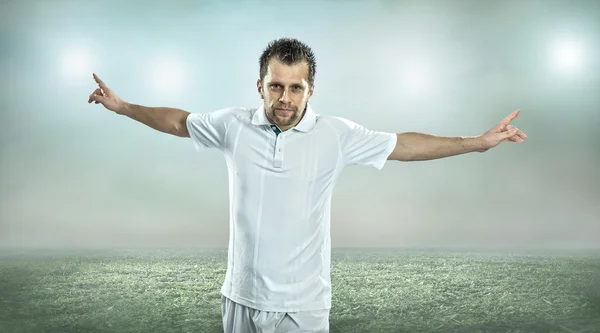 Soccer player after goal, outdoors. — Stock Photo, Image