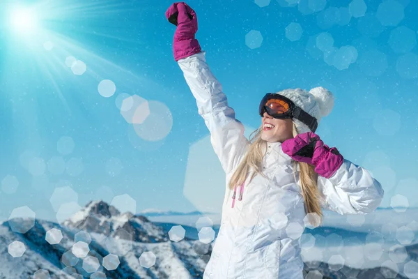 Happiness female stay on top of mountain — Stock Photo, Image
