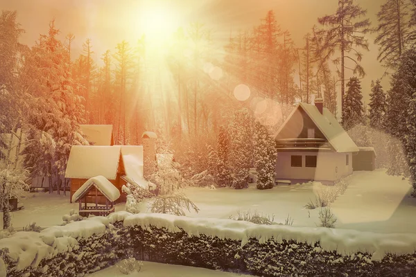 Villa en la nieve en el día soleado —  Fotos de Stock