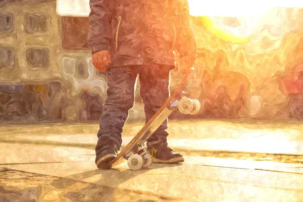 Barn med skateboard på gatan — Stockfoto
