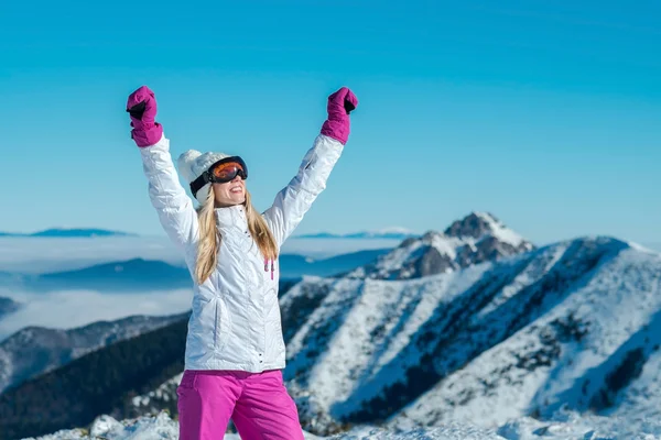 Happy female stay on mountain — Stock Fotó