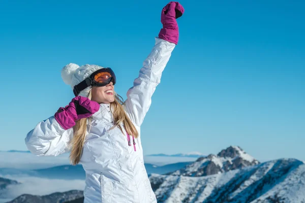 Happy female standing on mountain — Stock Photo, Image