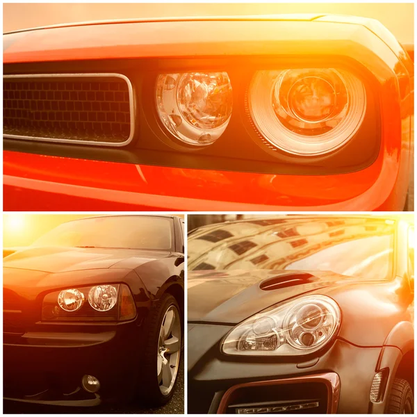 Collage di parte soleggiata di auto di lusso — Foto Stock