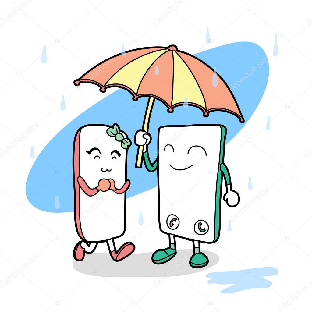 Smartphone couple under umbrella and rain. Conceptual art of protection devices from water or moistness. Vector illustration with layers.