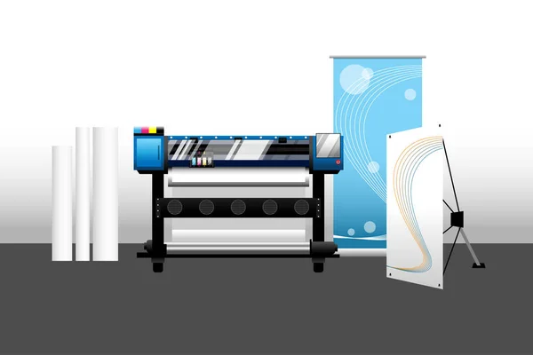 Széles Formátumú Nyomtató Roll Stand Színes Diagrammal Szobában Helyszíni Beltéri — Stock Vector