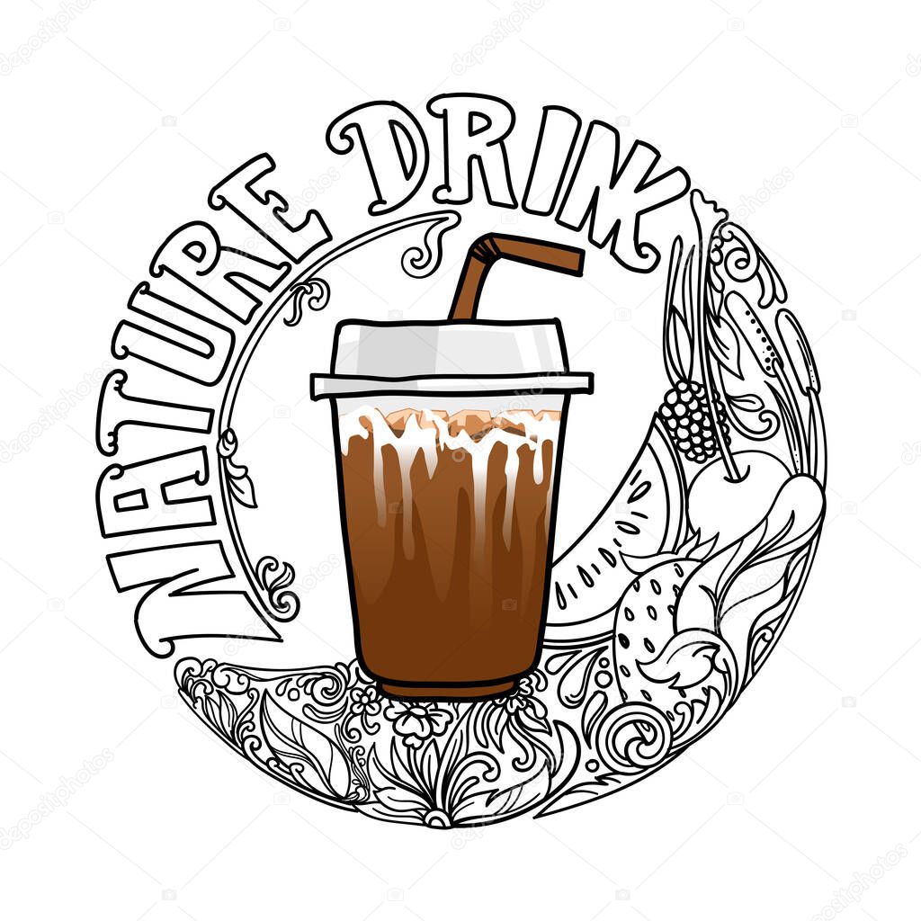 Drawing Vintage Ornament Logo of Nature Drink. Ice coffee inside with straw inside round vine and fruits as flavors. Vector illustrartion by layers.
