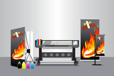 Geniş Biçimli Yazıcı, Reklam Eşyaları, Yuvarlan, X-stand ve Japon bayrağı gri odada. Makine, mevcut servis ve ürünler için çeşitli malzemeler üzerindeki CMYK mürekkep renklerini birleştirdi.