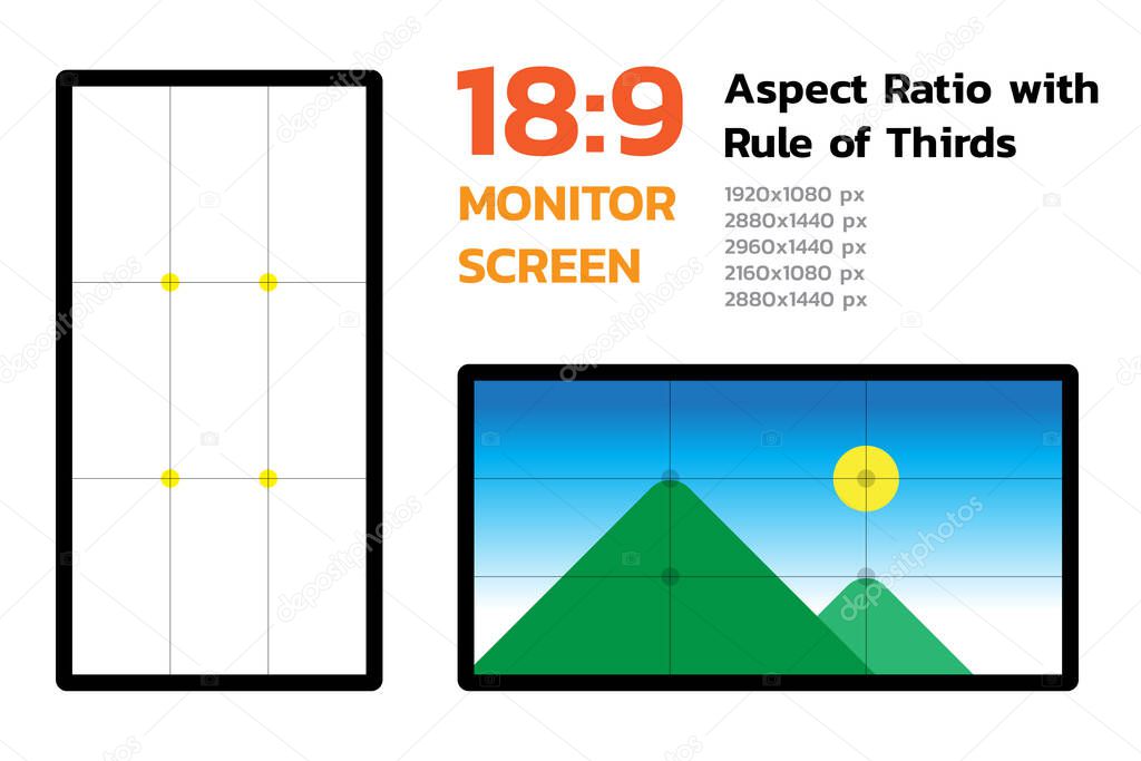 18 by 9 Monitor Screen Aspect Ratio with Rule of Thirds. Most famous dimension of devices display. Demo landscape image and pixel size. Layers Vector illustration.