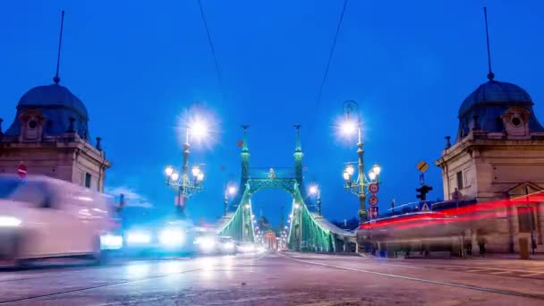 BUDAPEST, UNGERN - DECEMBER 14, 2019: Tidsförskjuten vy över trafiken på Fovam-torget och Liberty Bridge på natten i Budapest, Ungern. — Stockvideo
