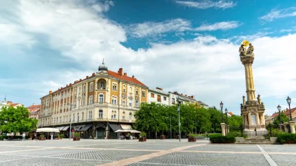2021年8月15日：匈牙利Szombathely一个阳光灿烂、多云的日子里，在主广场或Fo广场上的三位一体或Szentharomsag szobor雕像和人们的时差视图. — 图库视频影像