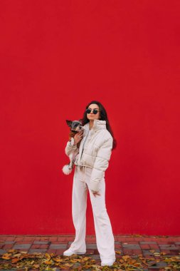 Kırmızı bir arka planda duran, kollarında küçük sevimli bir köpekle kameraya bakan şık, uzun boylu bir kadının portresi. Bayan kollarında bir evcil hayvanla yürüyor.