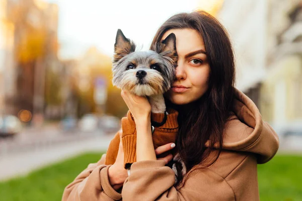 Szoros Portré Egy Nőről Akinek Egy Biewer Terrier Kutya Van — Stock Fotó