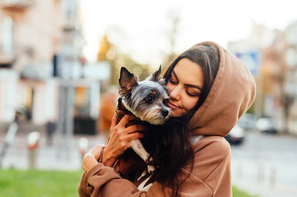 Nära Porträtt Kvinna Med Biewer Terrier Hund Sitter Gräsmattan Gata — Stockfoto