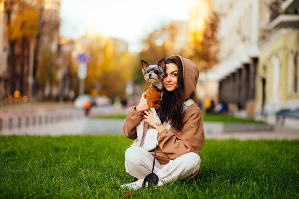 Söt Kvinna Sitter Utomhus Gräsmattan Med Söt Liten Hund Famnen — Stockfoto