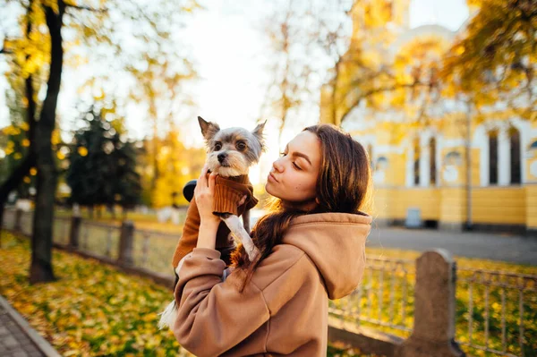 Portret Uroczej Kobiety Luźnych Ciuchach Stojącej Tle Jesiennego Krajobrazu Małym — Zdjęcie stockowe