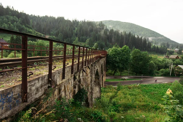 Gamla Järnvägen Viadukt Bergen Ovanför Floden Och Vägen Vorokhta Ukraina — Stockfoto
