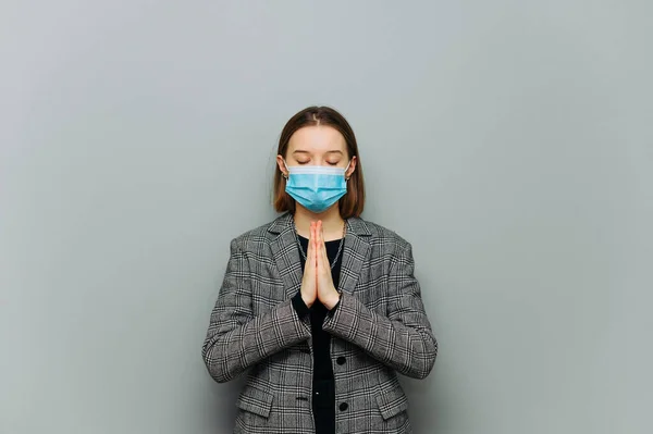 Attractive Woman Formal Clothes Wearing Jacket Protective Mask Stands Gray — Stock Photo, Image