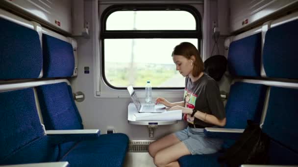 Freelancer Femenina Que Trabaja Portátil Con Documentos Compartimento Del Tren — Vídeo de stock