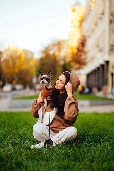 Pionowe Ujęcie Stylowej Właścicielki Psów Przytulającej Swoją Małą Yorkshire Terrier — Zdjęcie stockowe