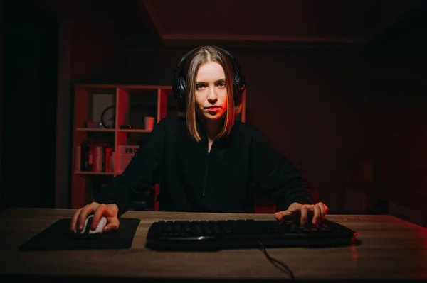 Excited Girl Gamer Sitting at the Table, Playing Online Games Stock Image -  Image of headset, esports: 136171701