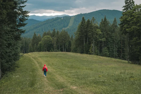 Escursionista Impermeabile Rosso Scende Valle Sulla Montagna Sullo Sfondo Bellissimo — Foto Stock