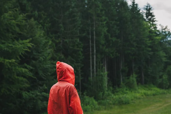 Caminante Turístico Impermeable Rojo Encuentra Lluvia Las Montañas Contra Fondo — Foto de Stock