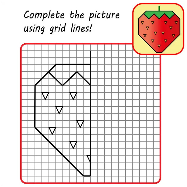 Juego Educativo Para Niños Ejercicio Simple Fresa Dibujo Usando Cuadrícula — Vector de stock