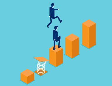 Isometric iş adamı çıtayı en yüksek seviyeye çıkarmak için yay kullanır