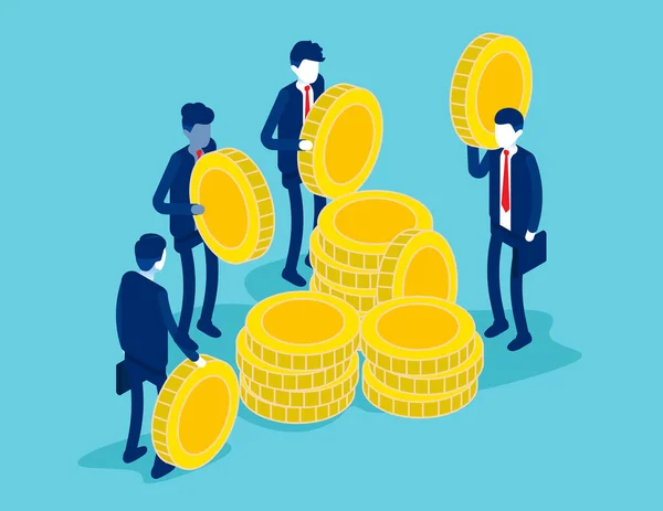 Isometric People Golden Coins Stack Them Piles — Stock Vector