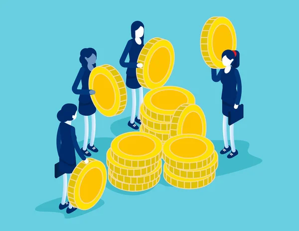 Isometric People Golden Coins Stack Them Piles — Stock Vector