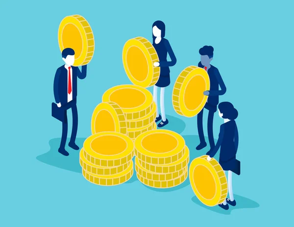 Isometric People Golden Coins Stack Them Piles — Stock Vector