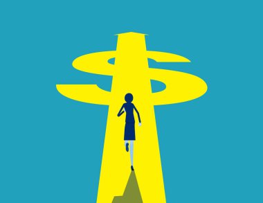 Para yolunda koşan bir kadın. Ticari mali konsept