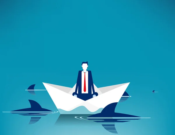 Homme Affaires Assis Sur Bateau Papier Entouré Requins — Image vectorielle
