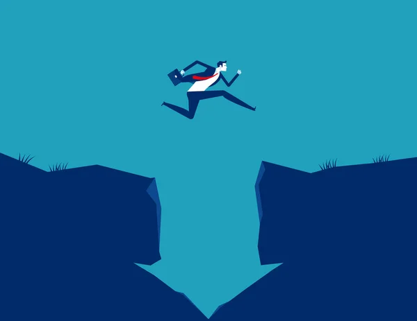 下向きの矢の形をした崖を飛び越えるビジネスマン — ストックベクタ