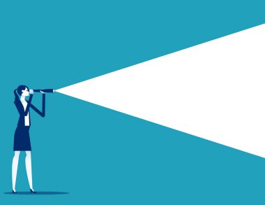 Uzağa bakmak için teleskop kullanan bir iş kadını. İş vizyonu kavramı