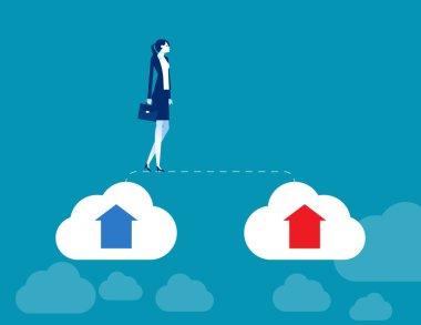 İş kadını eski bulutlardan yeni bulutlara yürür. İş değişikliği