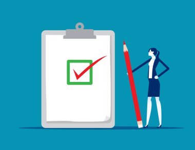 Kontrol listesi olan dev bir kalem ya da kalem. İşlerin başarıyla tamamlanması