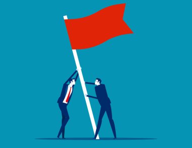 Başarı ve yüksekliğin sembolü olarak bayrak. İnsanlar birlikte bayrak kaldırır.