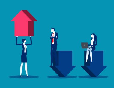 Lider başının üstünde kırmızı bir ok tutuyor ve çalışanı mavi oklar üzerinde oturuyor.