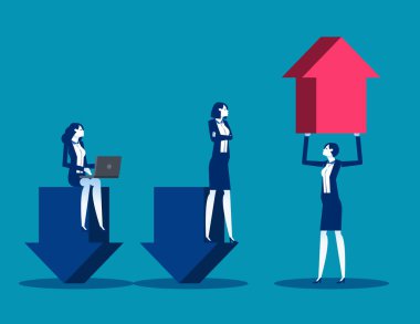 Lider başının üstünde kırmızı bir ok tutuyor ve çalışanı mavi oklar üzerinde oturuyor.