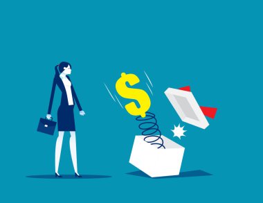 Dolar işareti olan bir iş adamı hediye kutusundan fırlıyor.