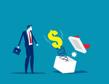 Dolar işareti olan bir iş adamı hediye kutusundan fırlıyor.